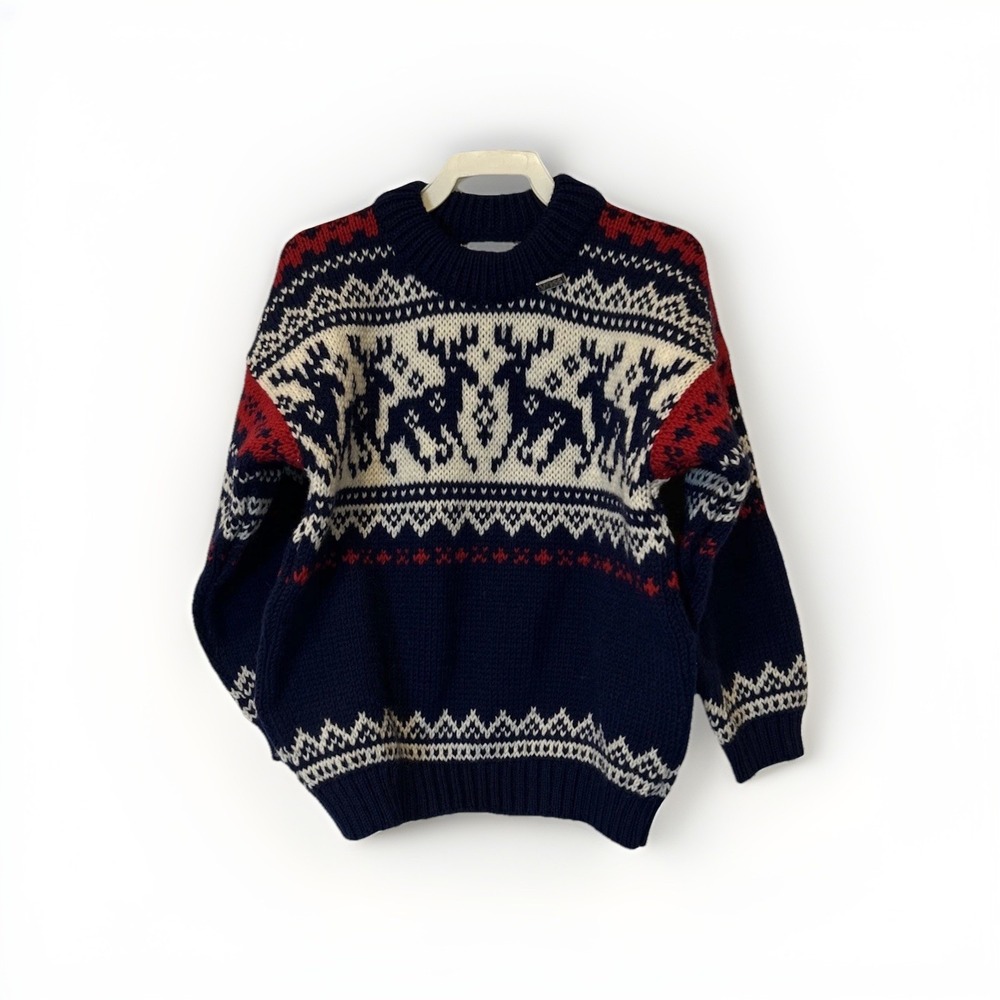 Vtg Voss Kids Sweater Navy‎ Sz 4 Nordic Fair Isle Wool Norway Reindeer Ski